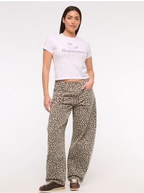 Abercrombie Curve Love Mid Rise Barrel Jean Leopard Neutral Denim 12 L Long 31